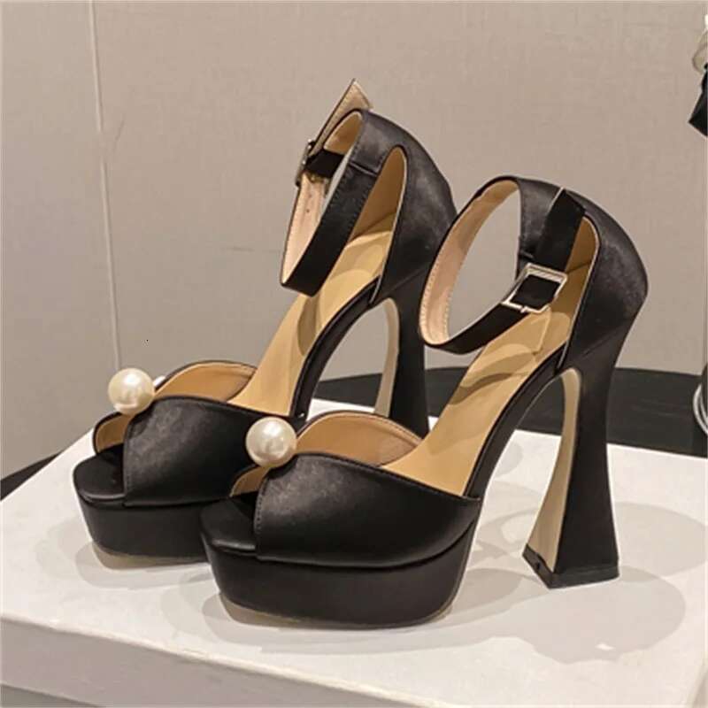 Elegant String Bead Peep Toe Silk Platform Woman Sandals Ankle Buckle Strap Square Heel Party Pumps Shoes atos Mujer