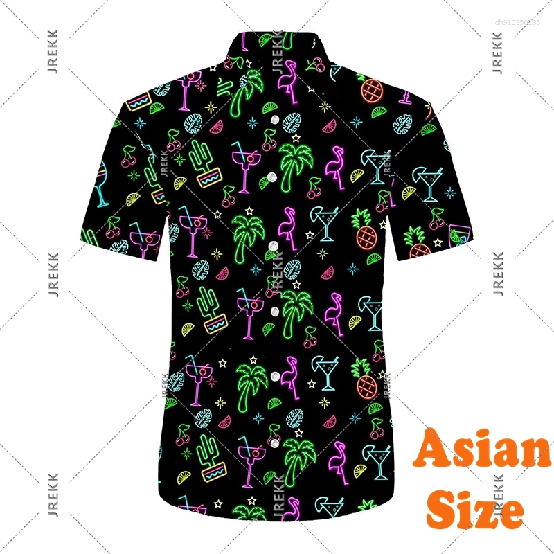 Men's Casual Shirts Neon Print Hawaii Shirt For Clothing Summer Camp Vacation Fashion Button Flamingo Coconut Blouse Top