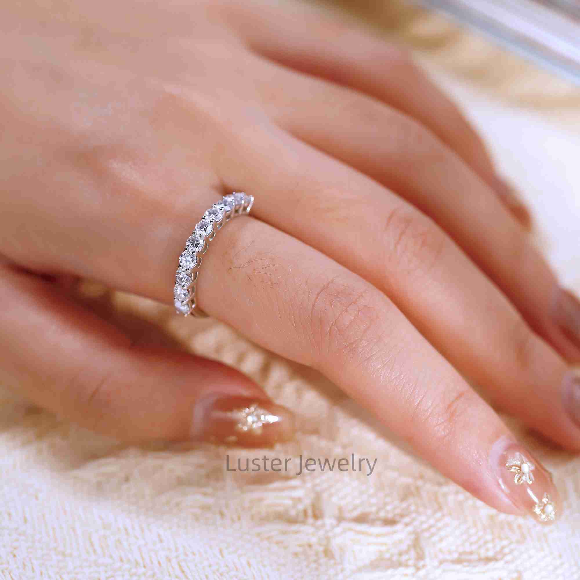 Luster Ten Moissanite 925 Sterling Silver White Gold Plated Engagement 3.0mm Round Moissanite Half Eternity Band Ring for Women