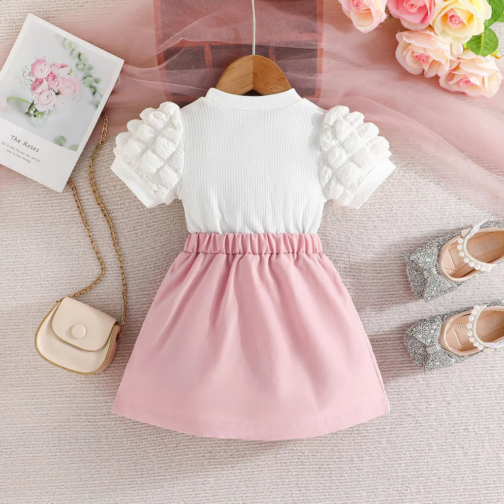 Terno For Kid Girl Puff Sleeve Blouse and Elastic Skirt Summer Outfit Toddler Infant Clothing Set Kids Wear Ootd For Baby Girl 250218