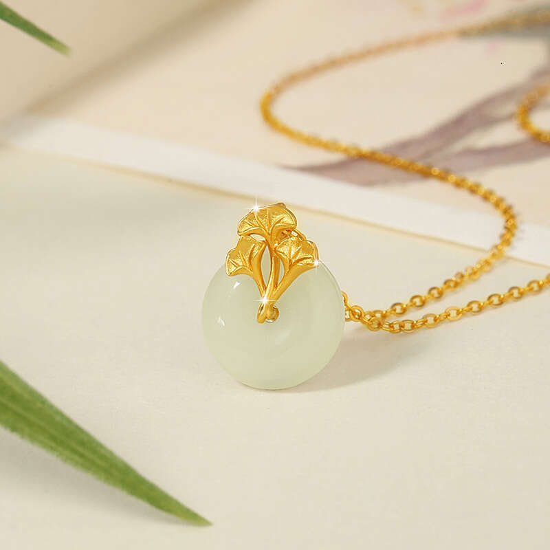 San Sheng Lucky Pure Sier Hotan Jade Necklace New Chinese Style Safety Buckle Bone Chain ins Ginkgo Leaf Pendant