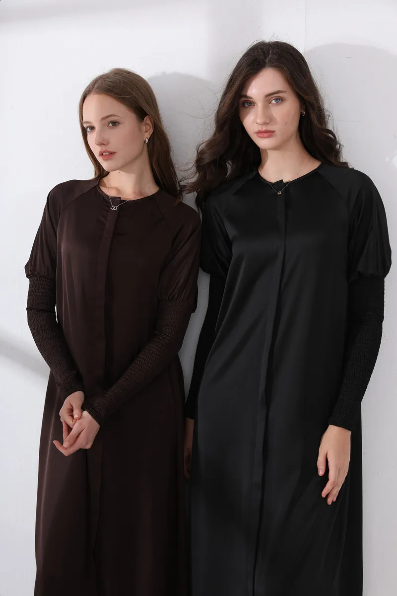 AS woman clothing satin dress button down n smocking sleeve maxi Ship out in 1 day 250218