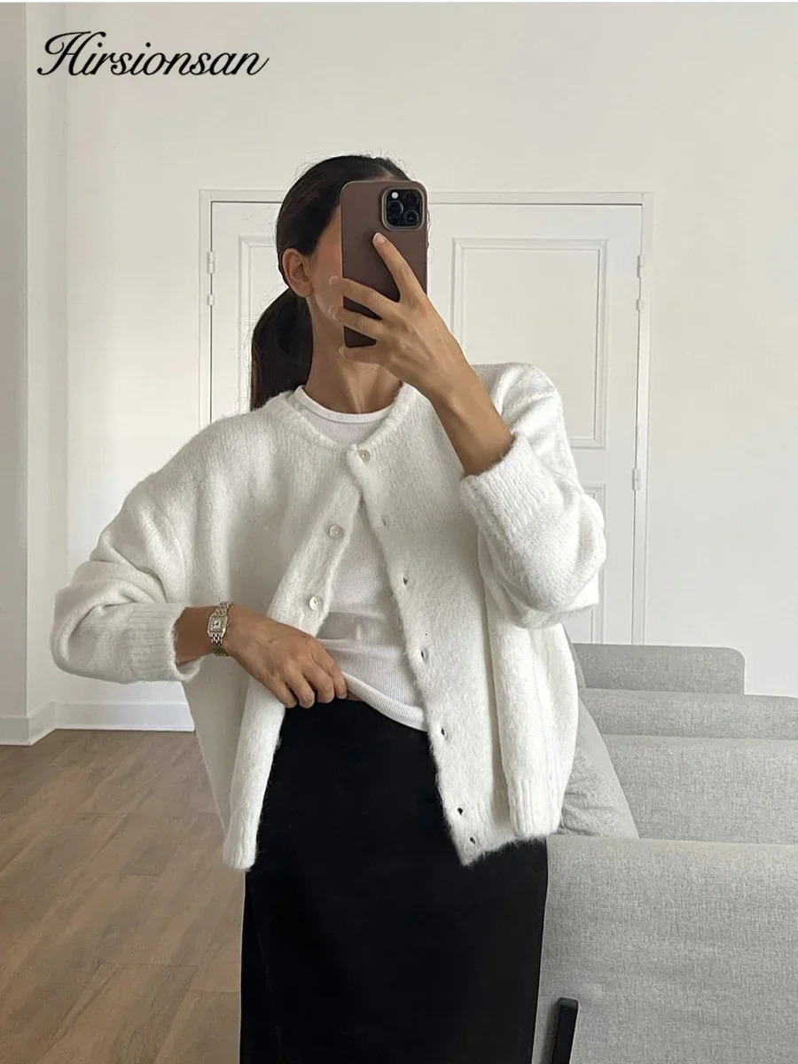 Hirsionsan Elegant Long Sleeve Sweater Women Single-Breasted Female Casual Cardigan Soft Cashmere Knitted Outwear 250214