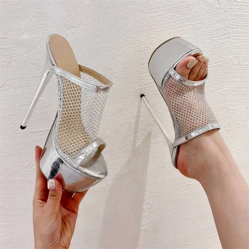 2025 New Design Mesh Fabric Sexy Women Slippers Platform Peep Toe Nightclub Stiletto High Heels Gold Sier Female Shoes
