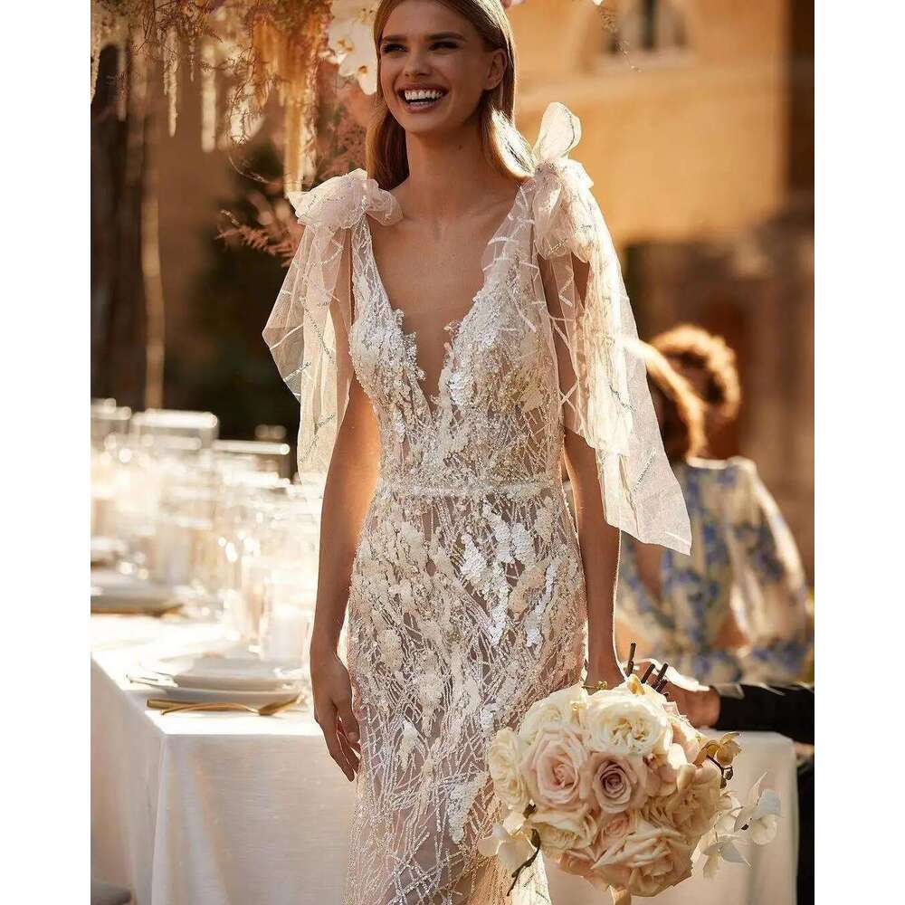 Gorgeous Mermaid Wedding Dresses Dismountable Beading Lace Bow Backless Bridal Gown Sweep Train Vestidos De Novia Customized