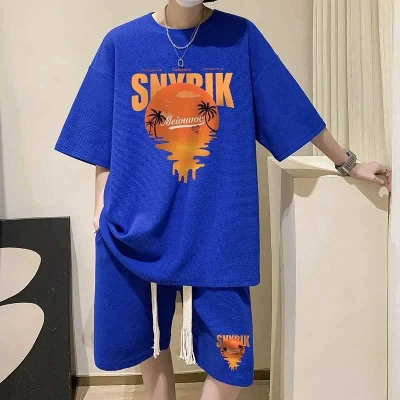 New summer waffle mens clothing Korean fashion short sleeved top 2-piece set sportswear trendy sportswear jogging setXJ250326