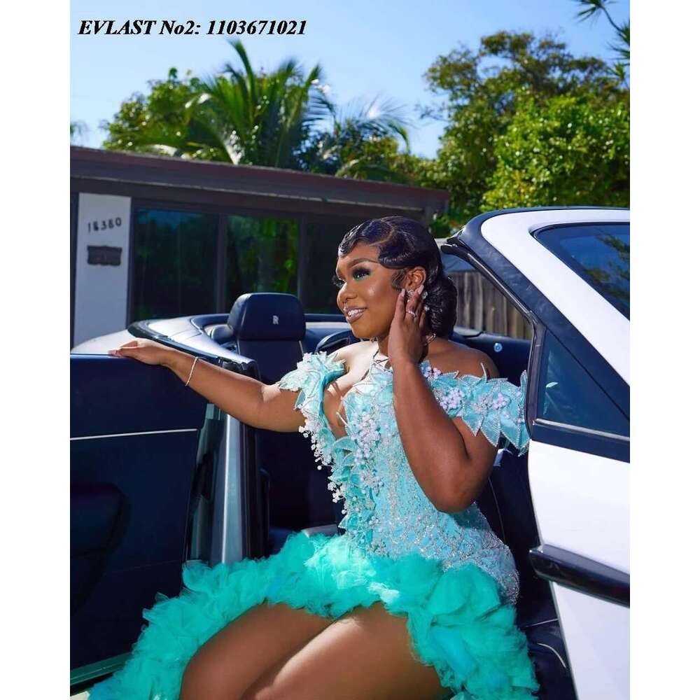 EVLAST Customized Green Ruffles Prom Dress Mermaid Dia Crystal Beaded Black Girl High Slit Evening Party Gown E2P134