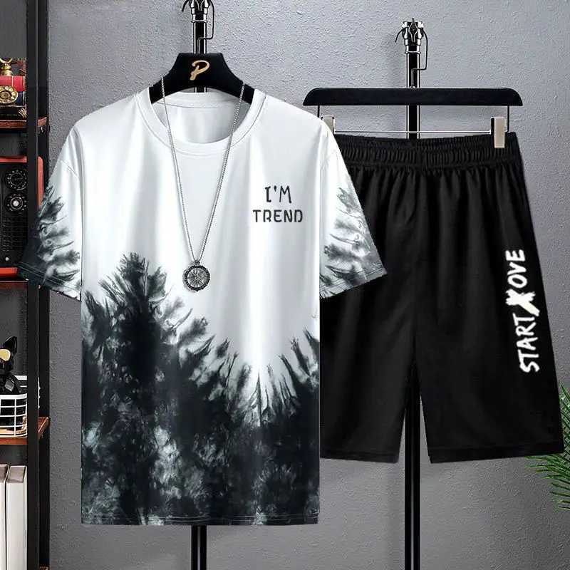 Summer mens casual suit mens thin quick drying round neck short sleeved T-shirt youth home wear sports two-piece setXJ250326
