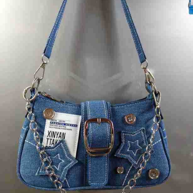 Designer New Star Denim underarm Niche vintage button American chain shoulder bag for women
