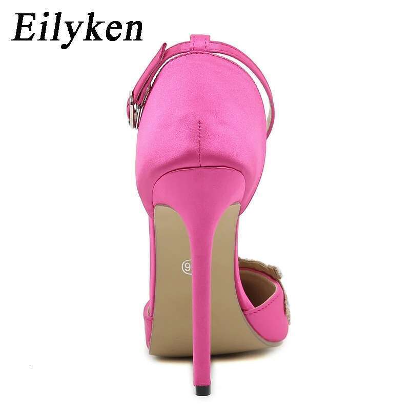 Satin CRYSTAL Pumps Women Ankle Strap Pointed Toe Bridal Stiletto Heels Party Prom Stripper Wedding Shoes atos Mujer