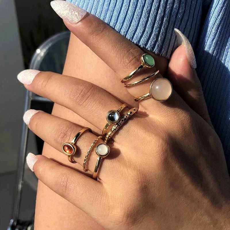 Vintage Colorful Crystal Stone Rings Set for Women Trendy Gold Silver Color Glazed Ring Set Geometric Resin Rings Party JewelryXJ250219