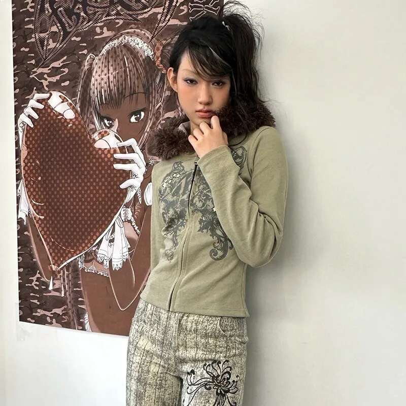 Karrram Japanese Y2k Fur Hooded Cardigan Vintage Haruku Tattoo Print Knitted Jacket Trashy 2000s Style Thick Ribbed Coat 90s