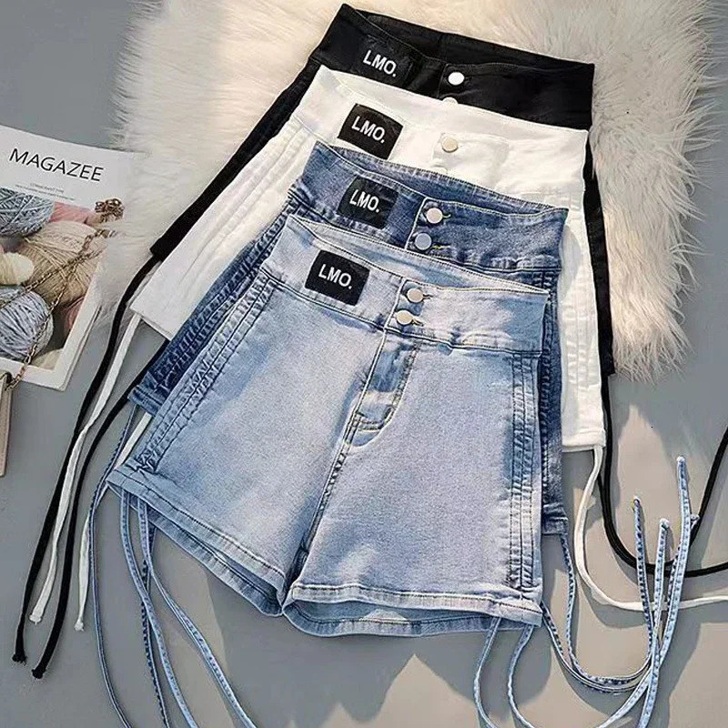 Womens Chic Drawstring Pleated Denim Shorts High Waist Aline Jean Shorts With Pocket Casual Slim Bodycon Shorts Trousers Summer 250214