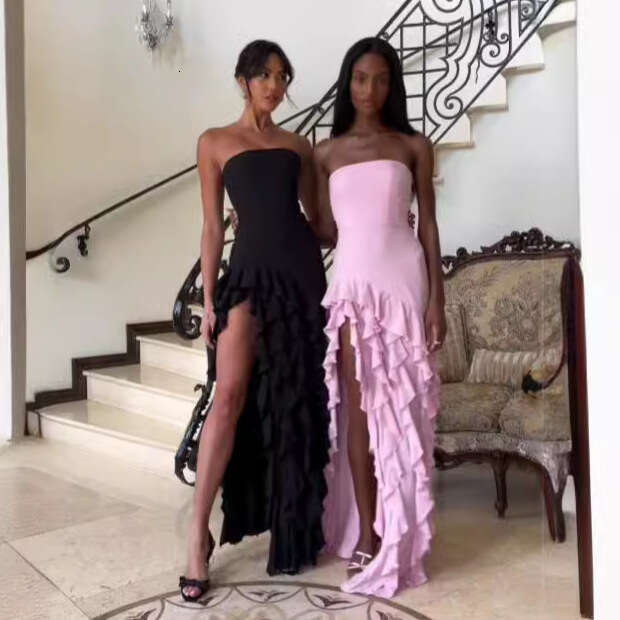 European and American style summer hot item strapless, black fungus edge solid color side slit dress wholesale 2025 temperament versatile new trend cl