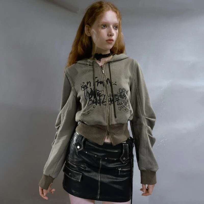 Karrcat Grunge Aesthetics Hooded Coat Vintage Graffiti Print Cropped Jacket Wasteland Punk Knitted Outerwear American Retro Y2k