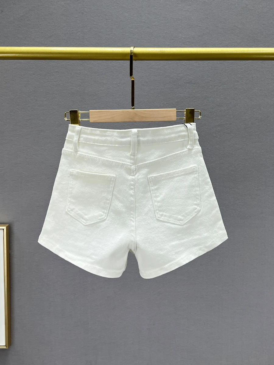 White Rhinestone Denim Shorts for Women Summer Thin Stretch Cotton High Waist Slim Slimming European Pants Jean Shorts 250217
