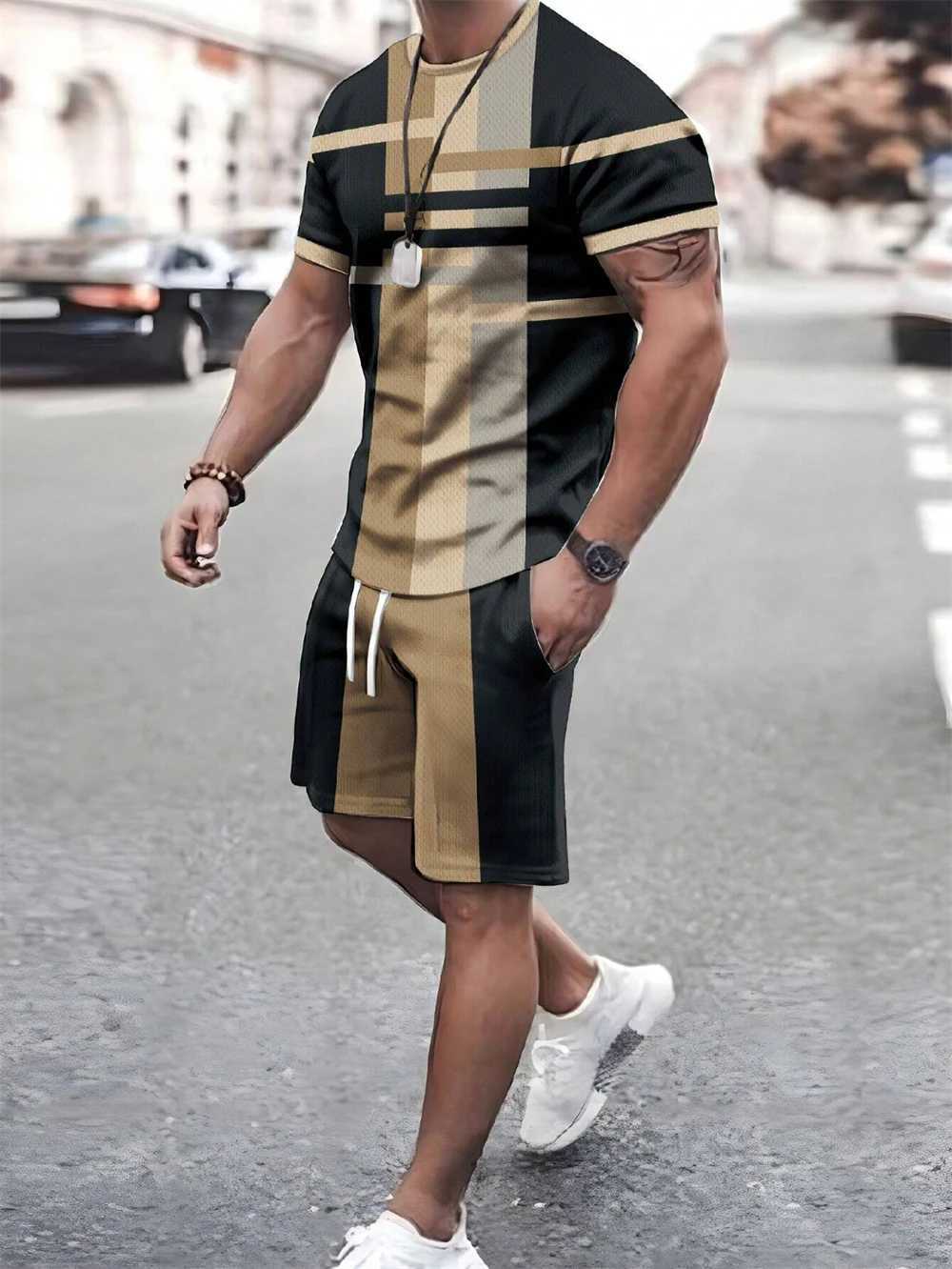 Mens Summer Two-piece Set Patchwork Color Street T-shirt Casual Outdoor Sports Short-sleeved Rope Shorts Mens ClothingXJ250218