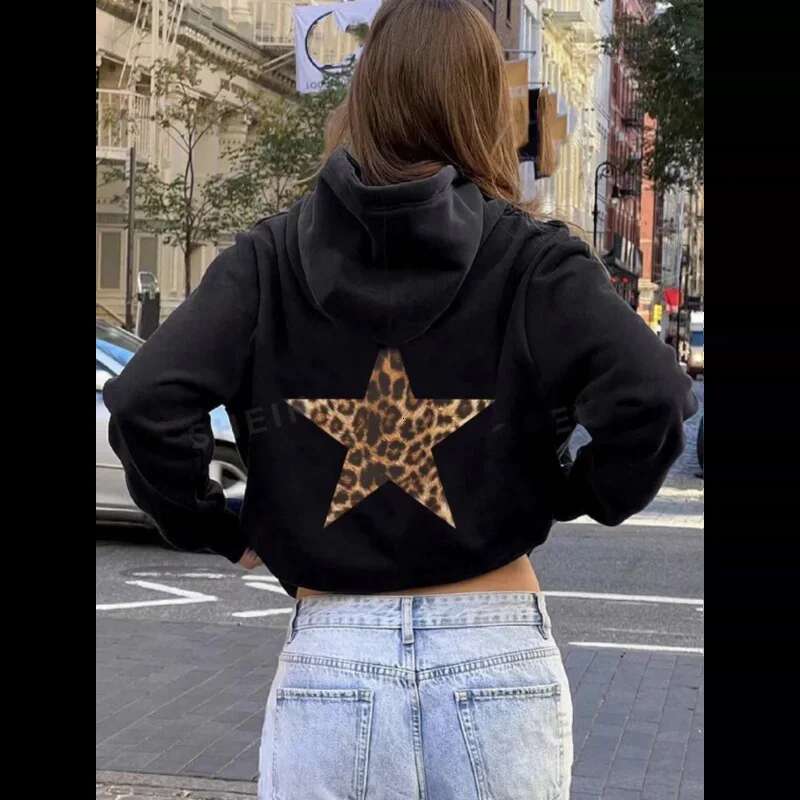 2025 Women Oversized Fleece Hoodies Female Long Sleeve Hooded Sweatshirt With Pentagram & Leopard Print Casual Loose Pullover