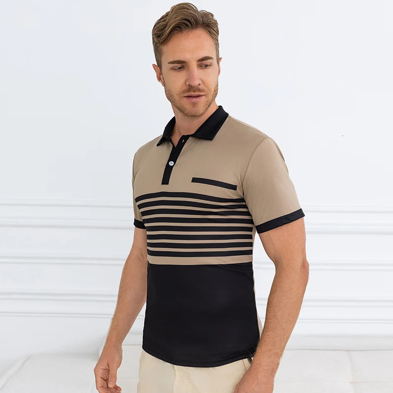 Mens Striped POLO Shirt Casual Fashion Contrast Printing Short Sleeve Gentleman Handsome Golf Joker Button Tshirt 250219