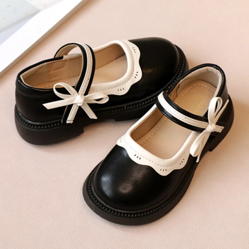 Autumn Girl Leather Shoes Bowtie Black Beige School Causal Children Flat Elegant Round Toe Fashion Patchwork Kids Mary Janes 250219