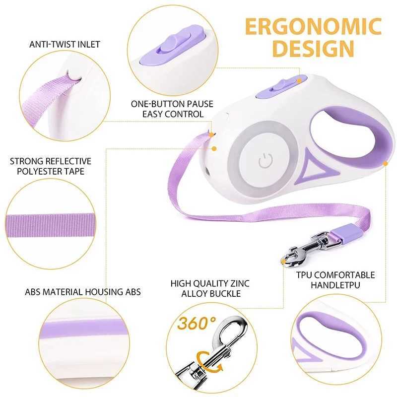 3M/5M Automatic Retractable Dog Leash with Flashlight LED Glowing at Night Walking Leash Durable Nylon Outdoor Leash for DogXJ250218