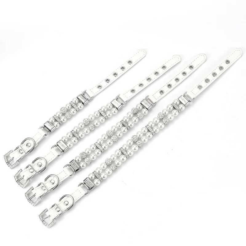 2Pcs Pearl Dog Collar Leash Set PU Leather Pearl Collar Leash with Crystal Rhinestone Luxury Dog Collars Neck Strap for Dog CatXJ250218