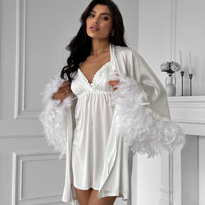 S212 Fashionable textured feather loose comfortable soft robe suspenders nightgown pajamas
