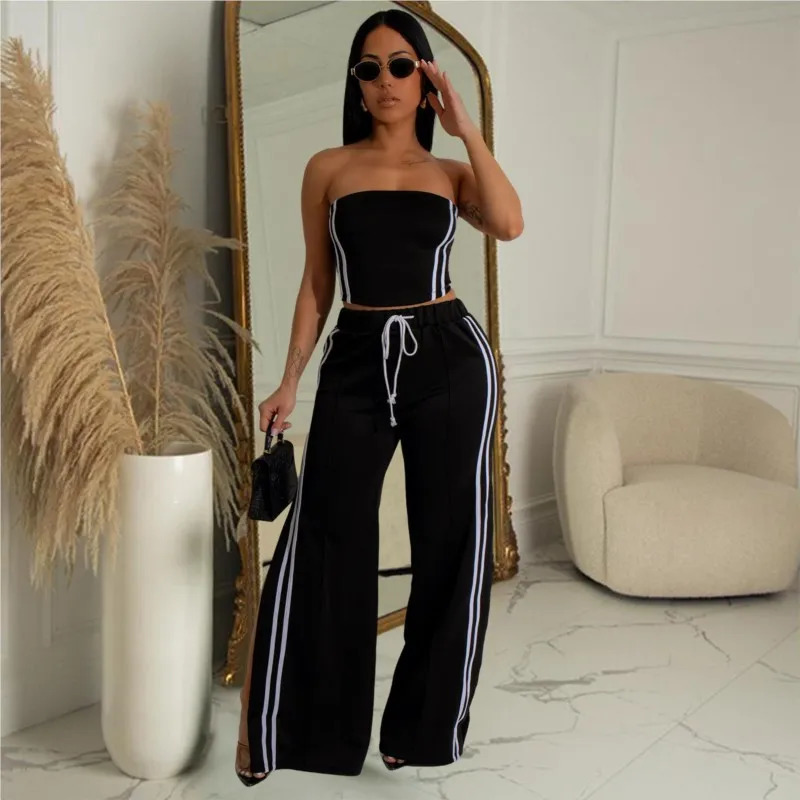 Sexy Strapless Set Striped Ribbon Crop Tube Top Wide Leg Pants Suits Summer Streetwear Two 2 Piece Set Casual Womens Outfits 250218