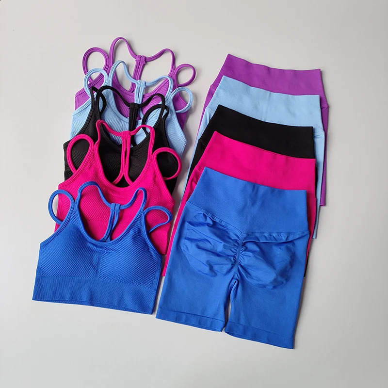 2PCS Seamless Yoga Set for Women High-Waist Butt Lifting Sportswear Workout Gym Fitness Tight Short And Sport Bra Suit 250219