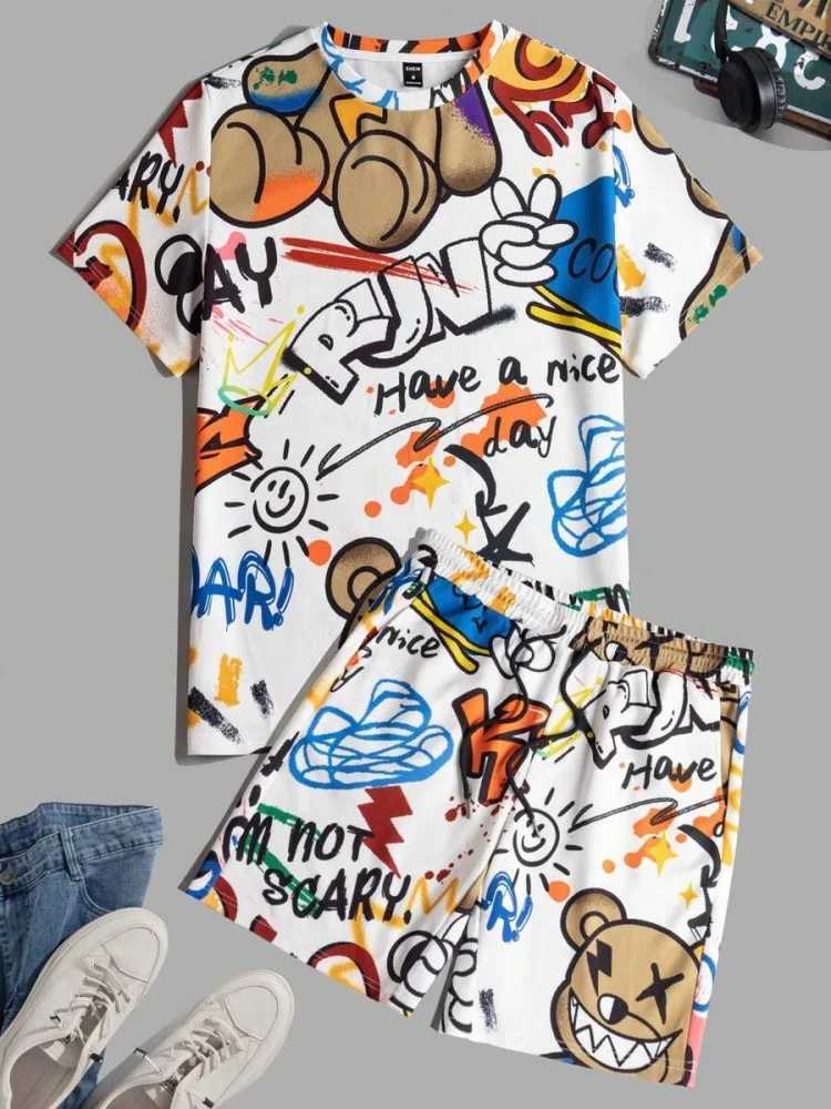 3D Graffiti Print Mens Fashion Short Sleeve Shorts Set Summer Casual Everyday Mens T-shirt Outdoor Street Mens Beach ShortsXJ250218