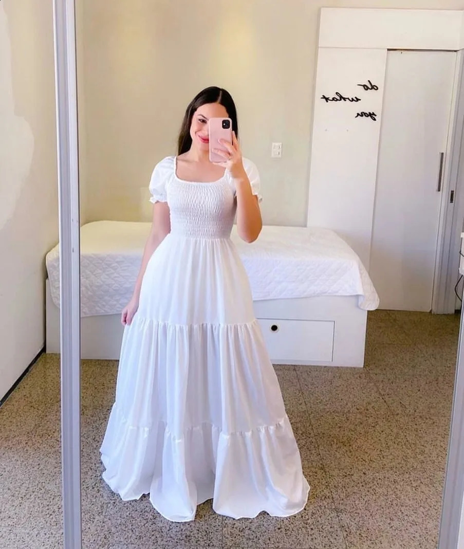 Spring Summer Women Closing Solid Color Square Collar Short Sleeve Long Dress Vestidos Largos vestidos verano moda 250218