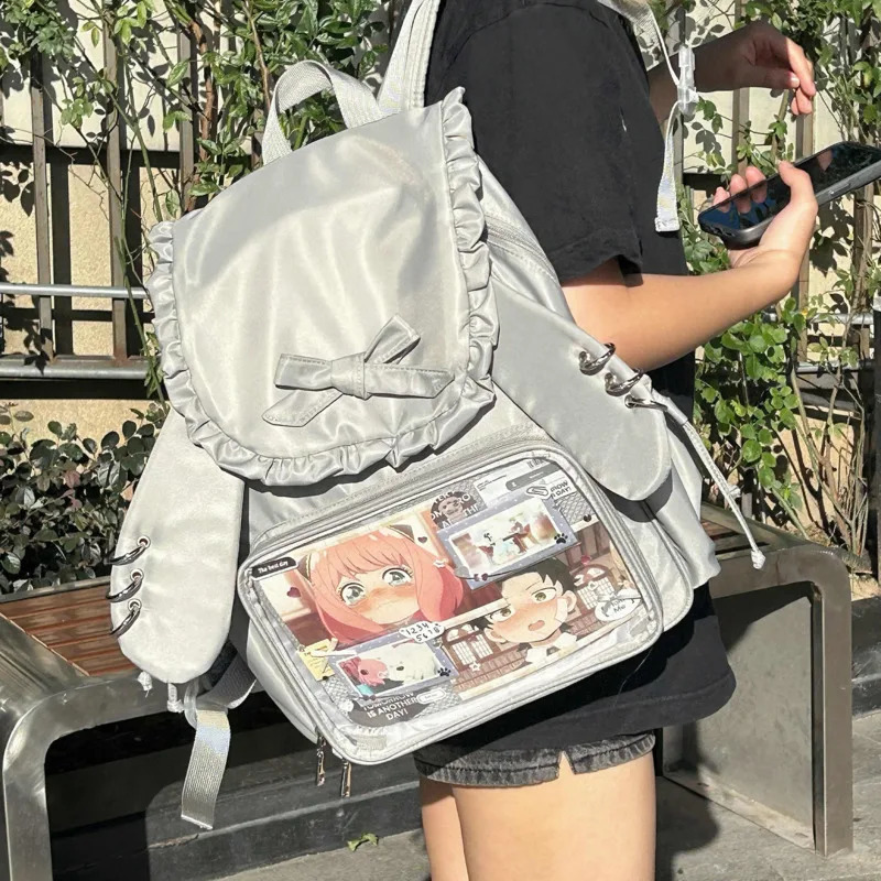 Bowkont Ruffled Japanese Y2k Backpack Transparent Pocket Lolita Bag High Capacity Preppy Style Itabag Rabbit Ear Pain Bag 250218
