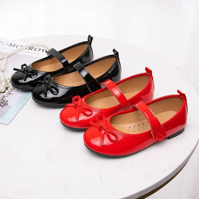 Kids Shoes Childrens Bowknot Princess Shoes Girls Flat Leather Shoes black red Spring Autumn For 3 4 5 6 7 8 9-15T 250219