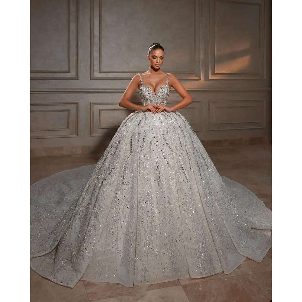 Illusion Ball Gown Strapless Spaghetti Strap Sequins Beads or-Length Sparkg Bride Wedding Dress Custom Made