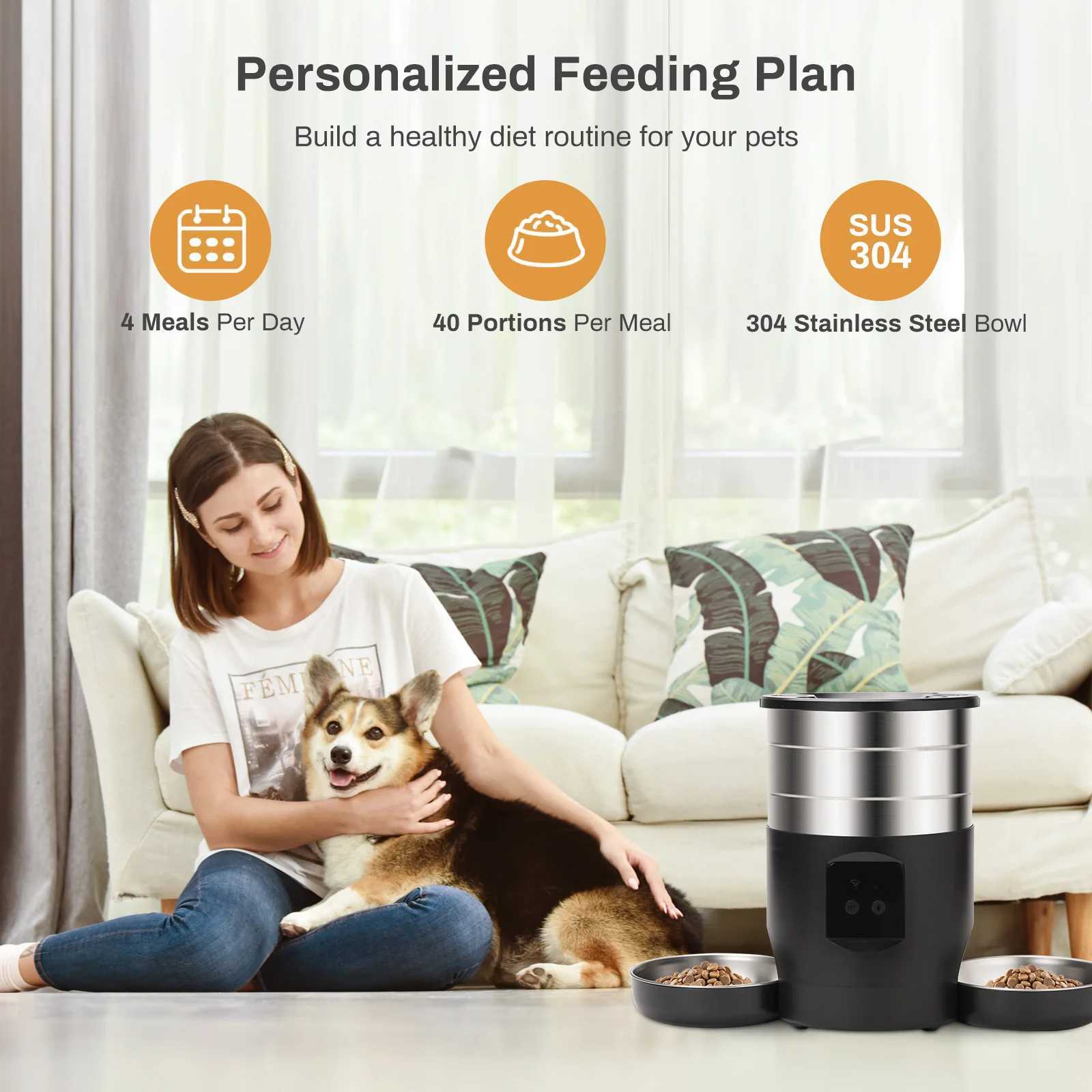 Dog Feeders 4.5L button WiFi automatic cat feeder includes two stainless steel bowls intelligent pet cat and dog food dispenser and pet feeder H250218