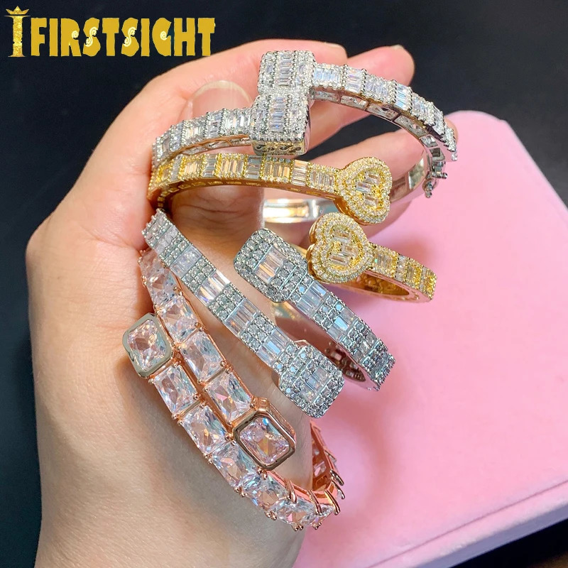 Iced Out Bling Rectangle CZ Opened Heart Bracelet Silver Color Square Zircon Charm Bangle For Women Hiphop Jewelry 250213