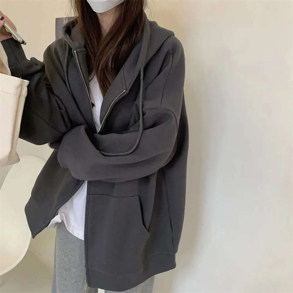 Women Solid Hoodies Coat Haruku Basic Long Sleeve Spring Autumn Loose Zip Up Casual Oversized Sweatshirts Jacket With Pocket