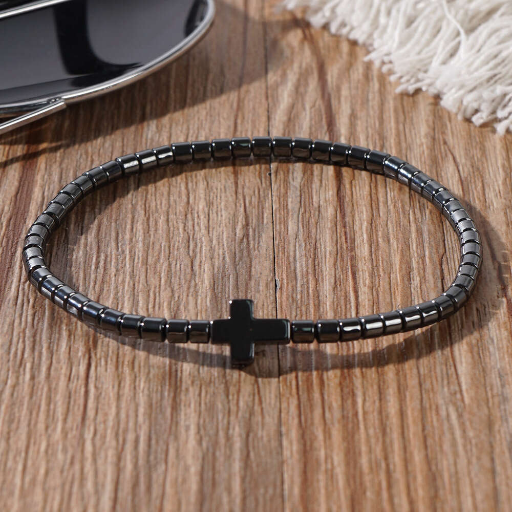 Gun colored cydrical black gallstones handmade men's cross elastic rope bracelet