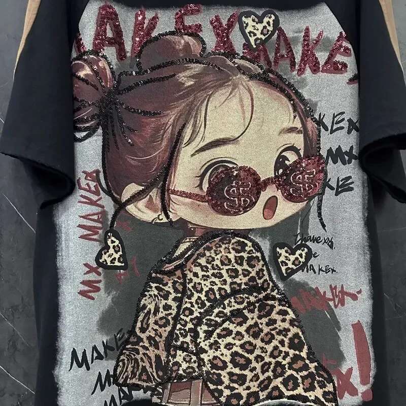 Popular Heavy Industry Design Cartoon Y2k Thick Pullovers Color Matching T-shirt Women's Loose Medium And Long Half-sleeved Tees