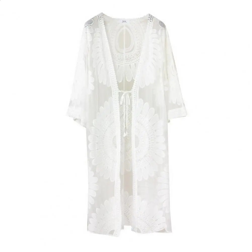 Flower Lace Coverups Beachwear White Cardigan Beach Cover Ups for Swimwear Women Bath Exits Outfits Solid Knitted Wear Coverup 250217