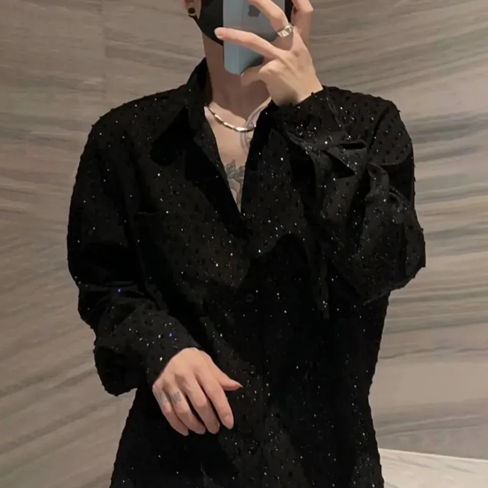 Mens Shirts Starry Sky Diamond Autumn Streetwear Fashion Niche Personality Sequins Performance Tops Clothing 250219