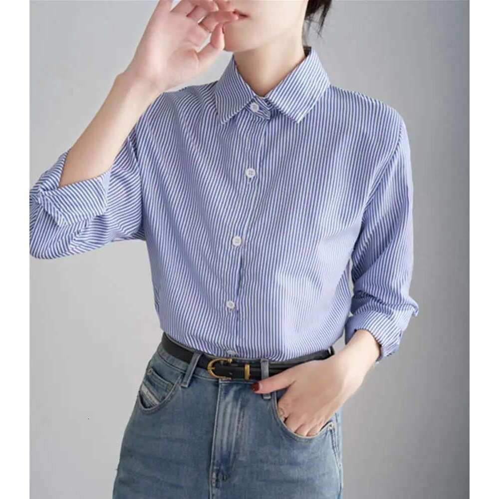 Blue Striped Women Loose Spring Autumn Casual Long Sleeves Shirt Fashion Clothes For Ladies Office Lady Wear