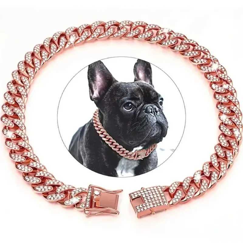 Dog Chain Diamond Cuban Collar Walking Metal Chain Collar with Design Secure Buckle Pet Cat Cuban Collar Jewelry Accessories W250219