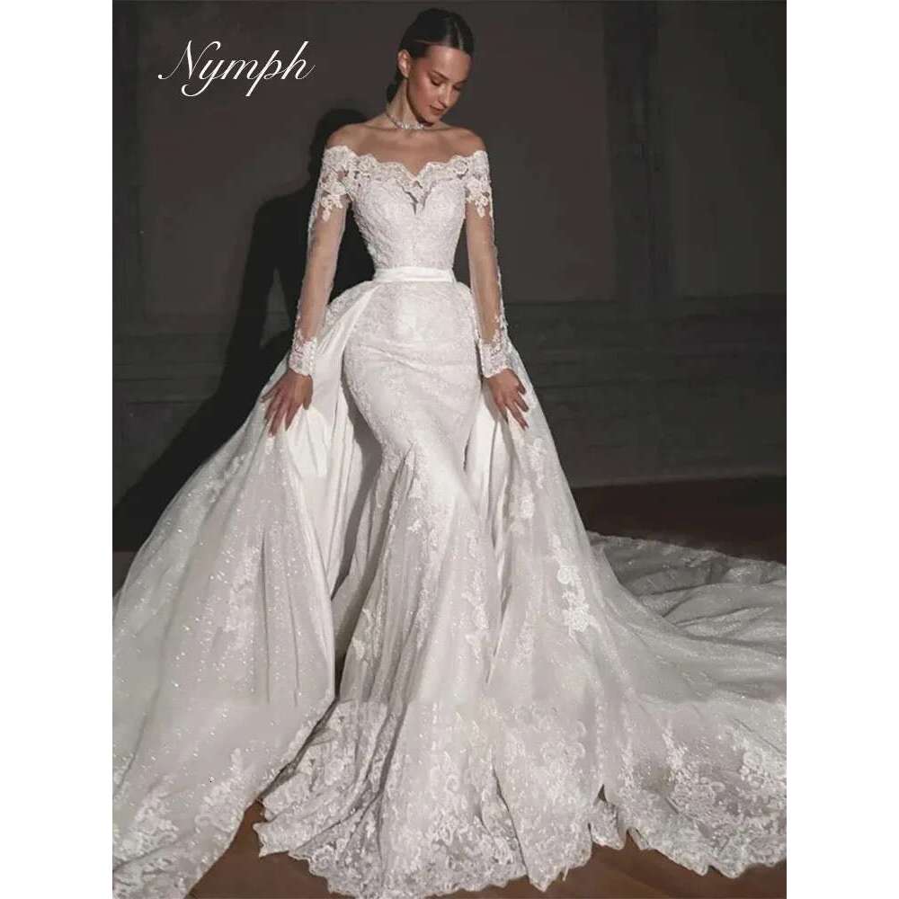 Customized Mermaid Wedding Dresses For Women Lace Sequins Bridal Gown Long Sleeves Skirt Detachable Train Dress