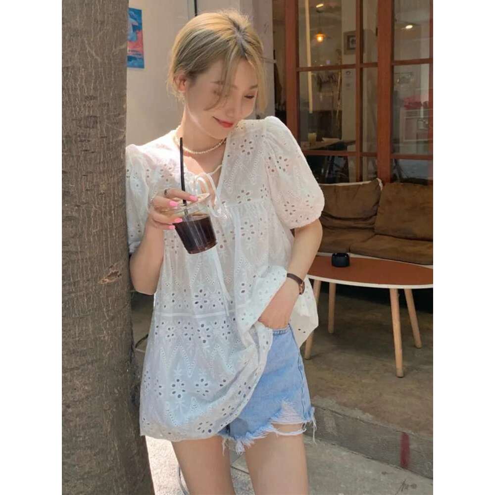 2024 Fashion Summer Sweet Puff Women Blouses New Elegant Shirts White Hollow Out Short Sleeve Tops