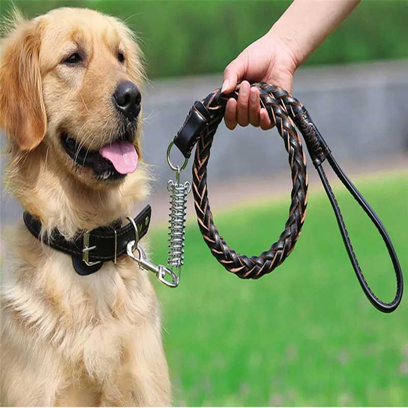 Leather Dog Leash for Large Dogs Strong Leather Braided Dog Leash with Buffer Spring Pet Traction Rope for German Shepherd DogXJ250218