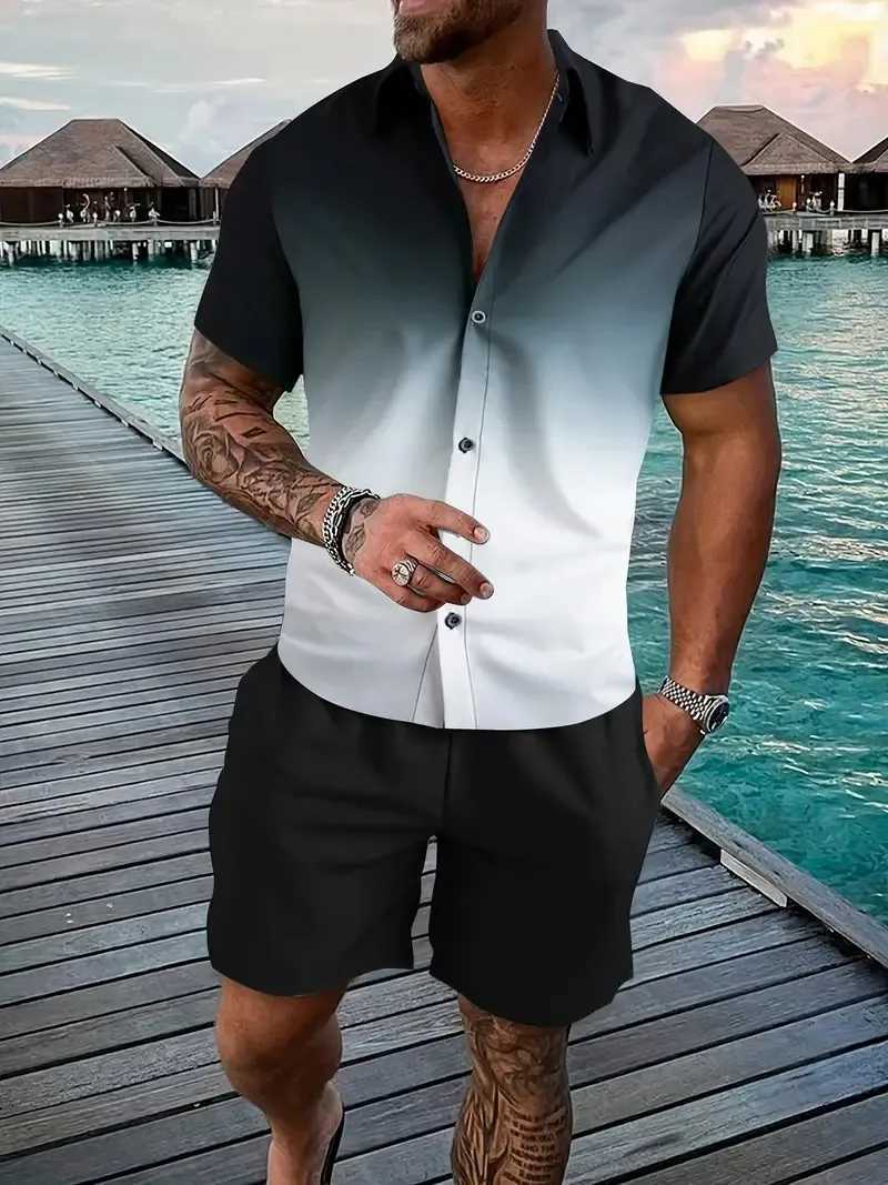 Mens Lapel Shirt Shorts Set Gradient Printing Summer Mens Button Down Shirt Casual/Fashion/Suitable For Dating/HolidayXJ250218