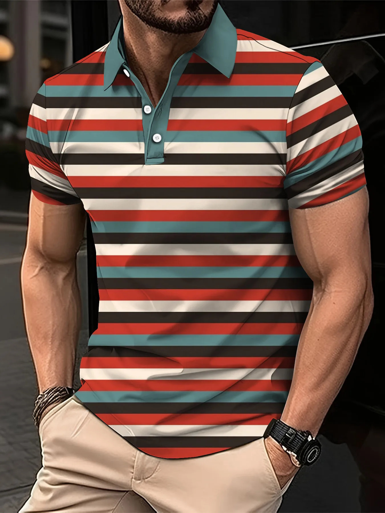 Mens Summer Short Clothes Sleeved Lapel 3D Digital Printed Striped Polo Shirt Mans Business Casual Top Oversized 250213