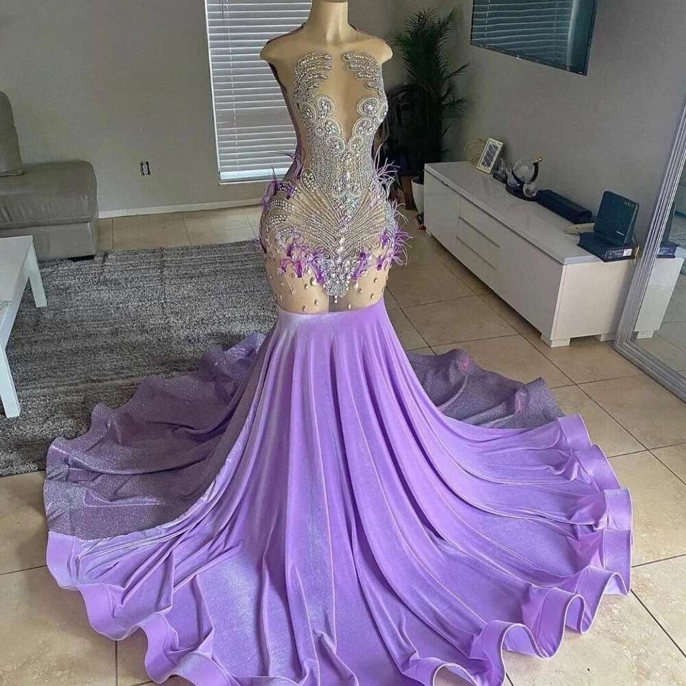 Lilac African American Long Prom Dresses For Black Girls Mermaid Sheer Feather Crystals Women Party Evening Gown Customized