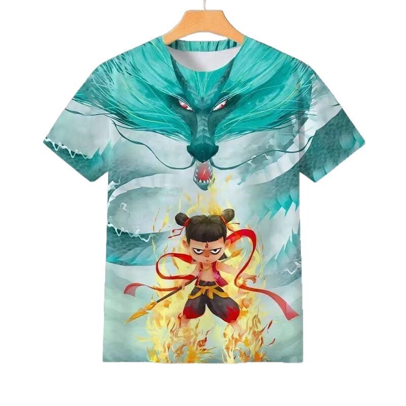Nezha Demon Children's Sea T-shirt Summer New 3D Printing Trendy Fashion Youth Designer T-shirt Round Neck Hot Movie Short Sleeve Men's Wear